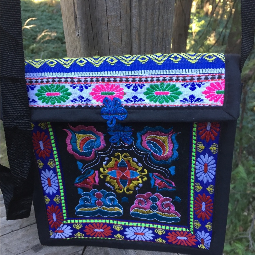 Colorful Embroidered mini bag,floral on  black sling ,free shipping always HPx6